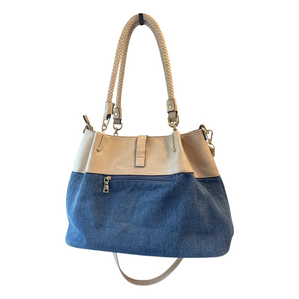 Black Rivet Denim & Tan Boho Shoulder Bag | Braided Handle Mixed Media Tote - Picture 2 of 8